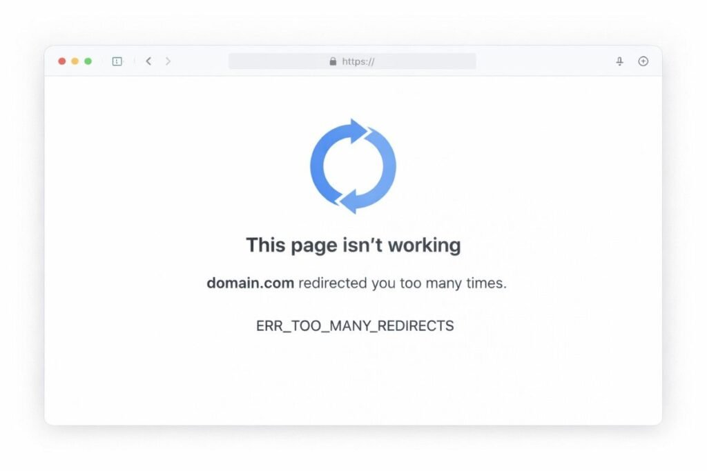 Browser displaying ERR_TOO_MANY_REDIRECTS error for WordPress site