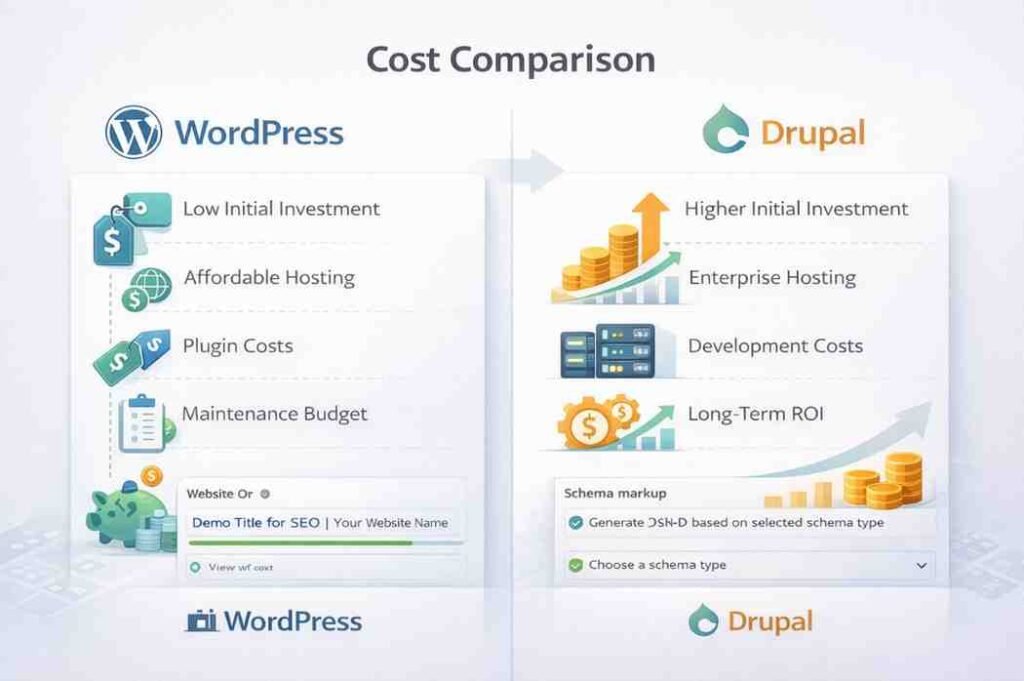 Cost breakdown comparison showing WordPress's lower entry costs versus Drupal's higher initial investment with long-term value proposition