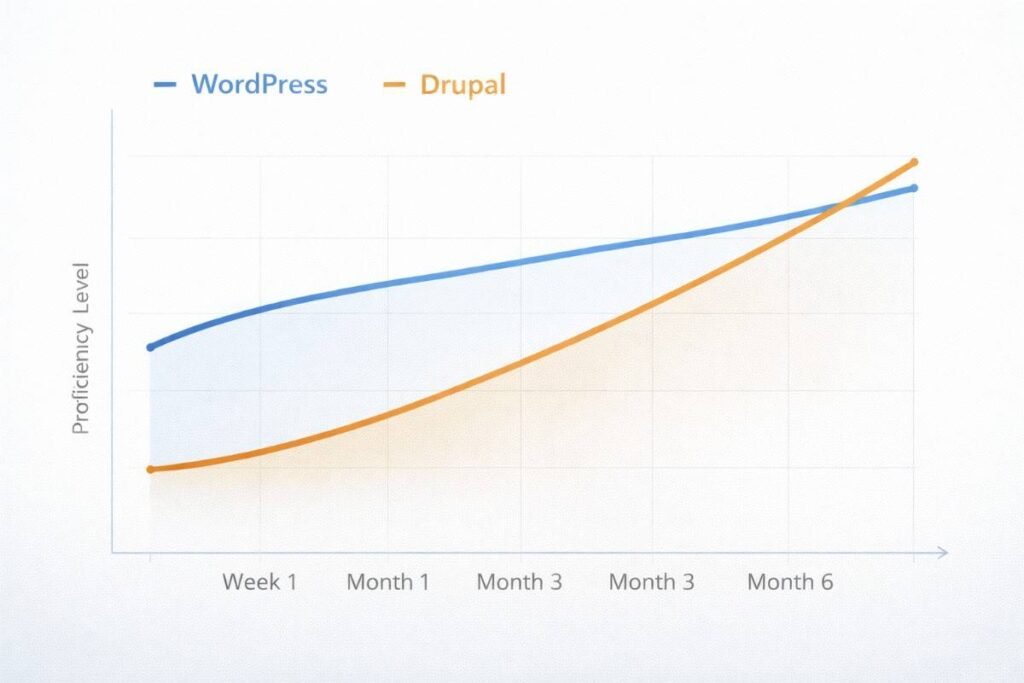 Learning curve comparison graph showing WordPress's beginner-friendly start versus Drupal's steeper but more comprehensive skill development path