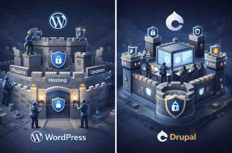 Security architecture comparison showing WordPress's layered plugin-based security versus Drupal's built-in enterprise security features