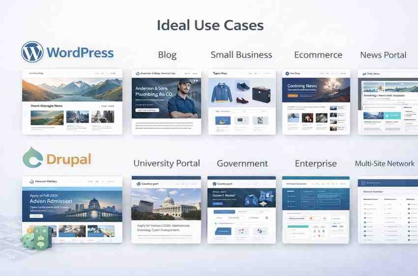 Real-world use case examples showing ideal website types for WordPress versus Drupal implementation