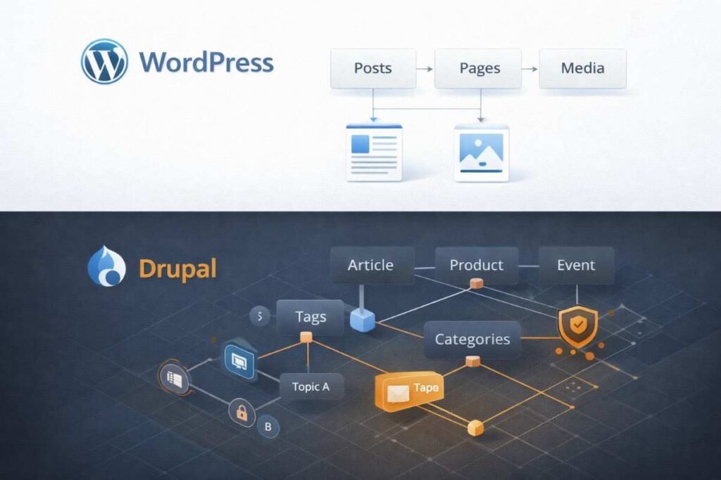 Visual comparison of WordPress's straightforward content structure versus Drupal's complex relational content architecture