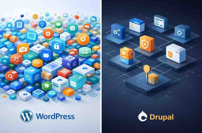 Visual representation of WordPress's vast plugin library versus Drupal's more structured and integrated module ecosystem