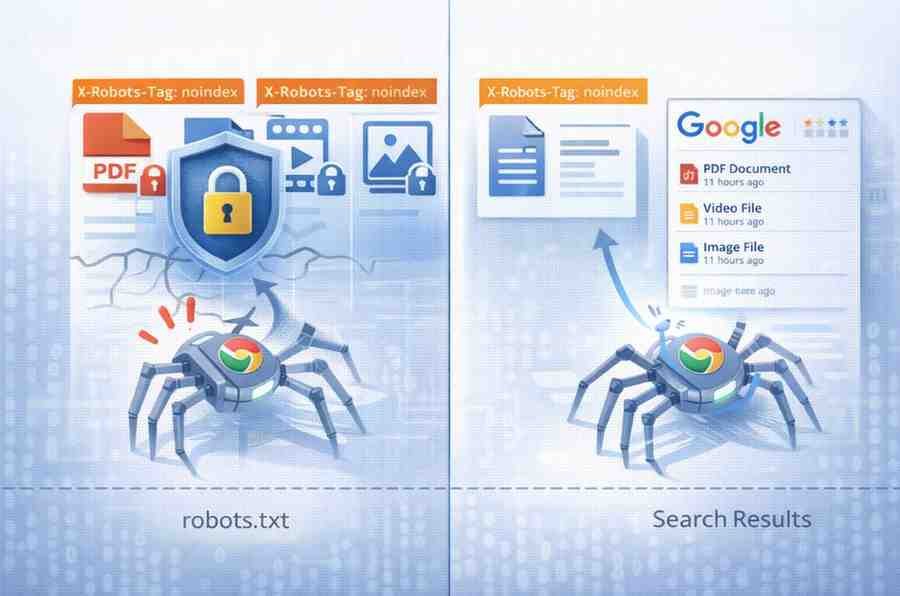 Illustration showing how proper noindex directives and server-level protection prevent search engines from indexing WordPress media files