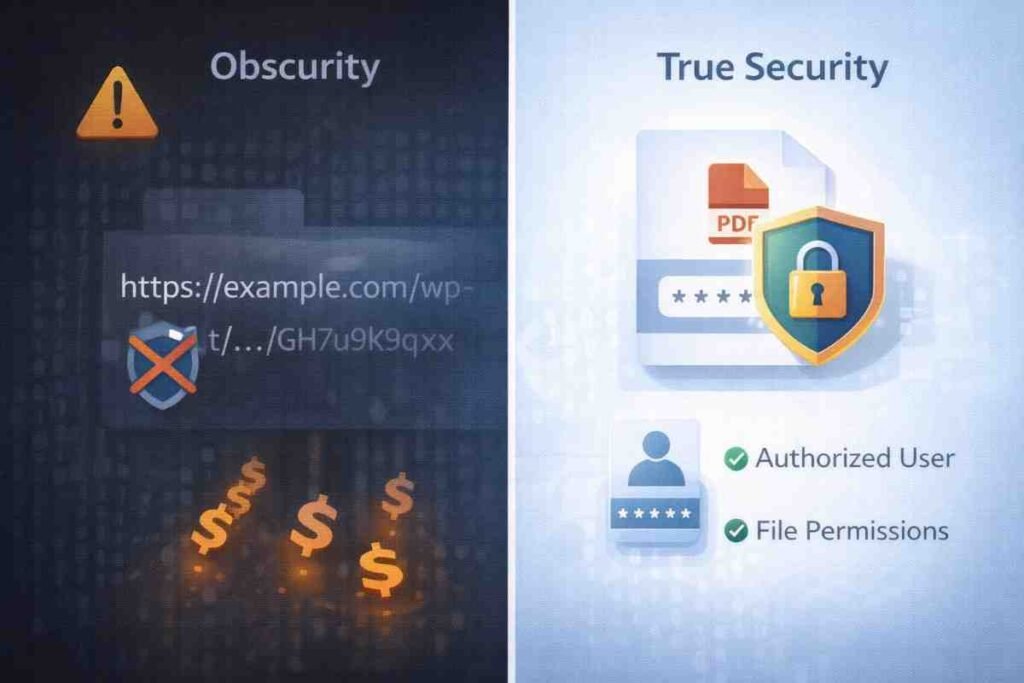 Comparison showing why hiding URLs provides false security versus implementing true access control for WordPress media files