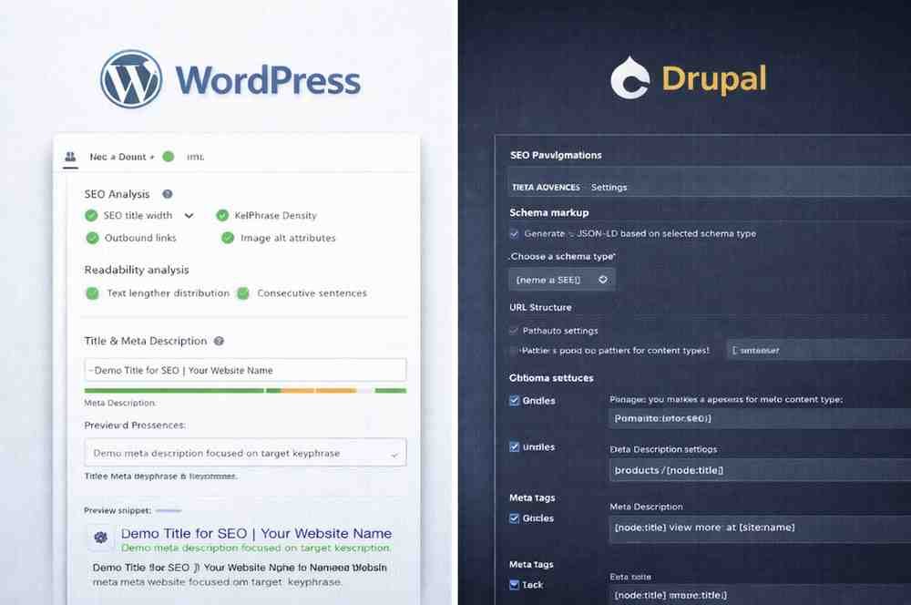 SEO interface comparison highlighting WordPress's user-friendly SEO plugins versus Drupal's technical SEO configuration options