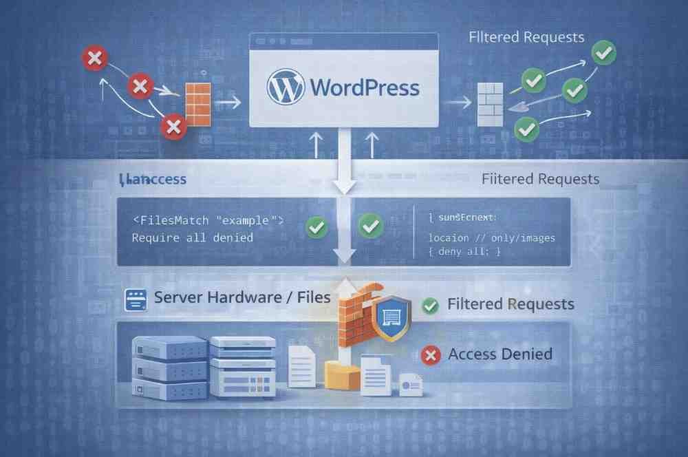 Technical diagram illustrating how server-level rules protect WordPress media files by intercepting requests before they reach the application layer