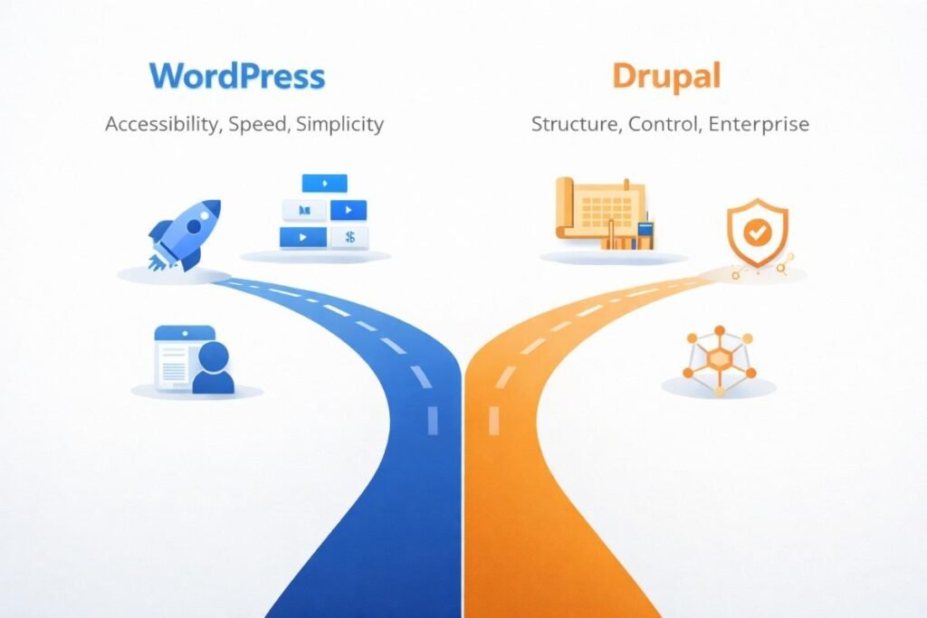 Infographic illustrating the fundamental philosophical differences between WordPress's accessibility focus and Drupal's structure-first approach