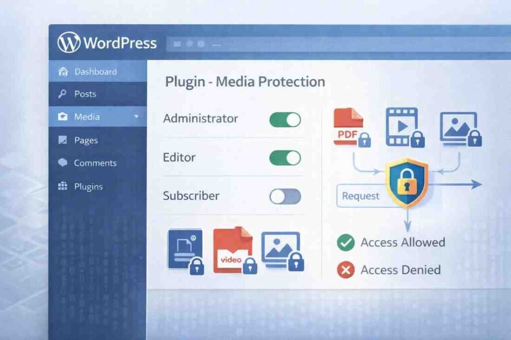WordPress media protection plugin interface showing role-based access controls and permission verification
