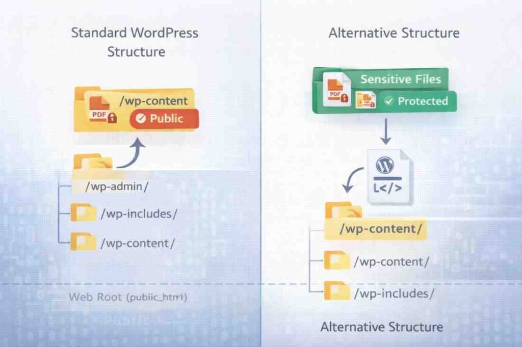 Directory structure comparison showing public uploads folder versus secure file storage outside the web root for sensitive WordPress media