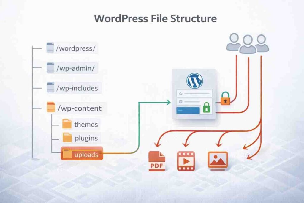 Diagram showing how WordPress uploads folder allows direct file access bypassing login protection