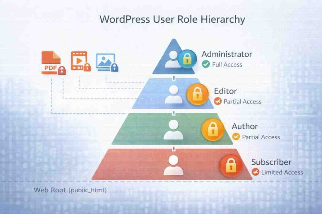 WordPress user role hierarchy showing different permission levels for media file access from administrators to subscribers