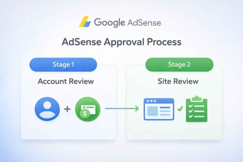 Two-stage AdSense approval process flowchart showing account review and site review steps