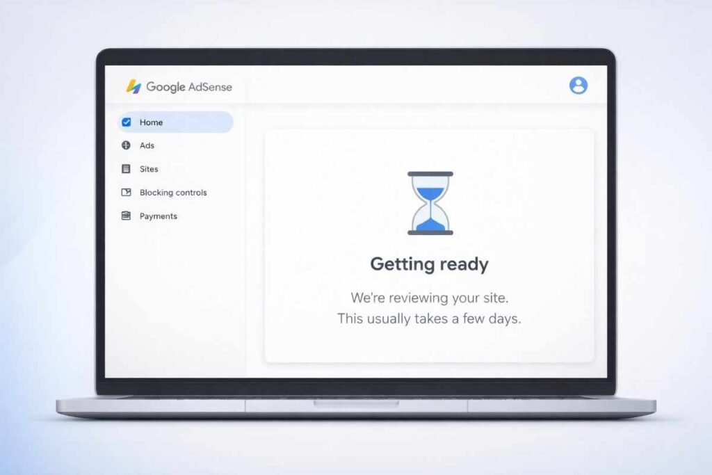 AdSense dashboard showing getting ready status during approval waiting period