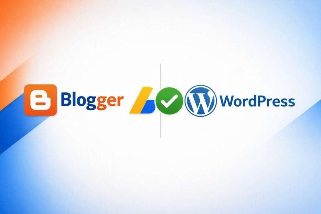 Blogger vs WordPress for AdSense approval comparison showing platform logos with approval checkmark