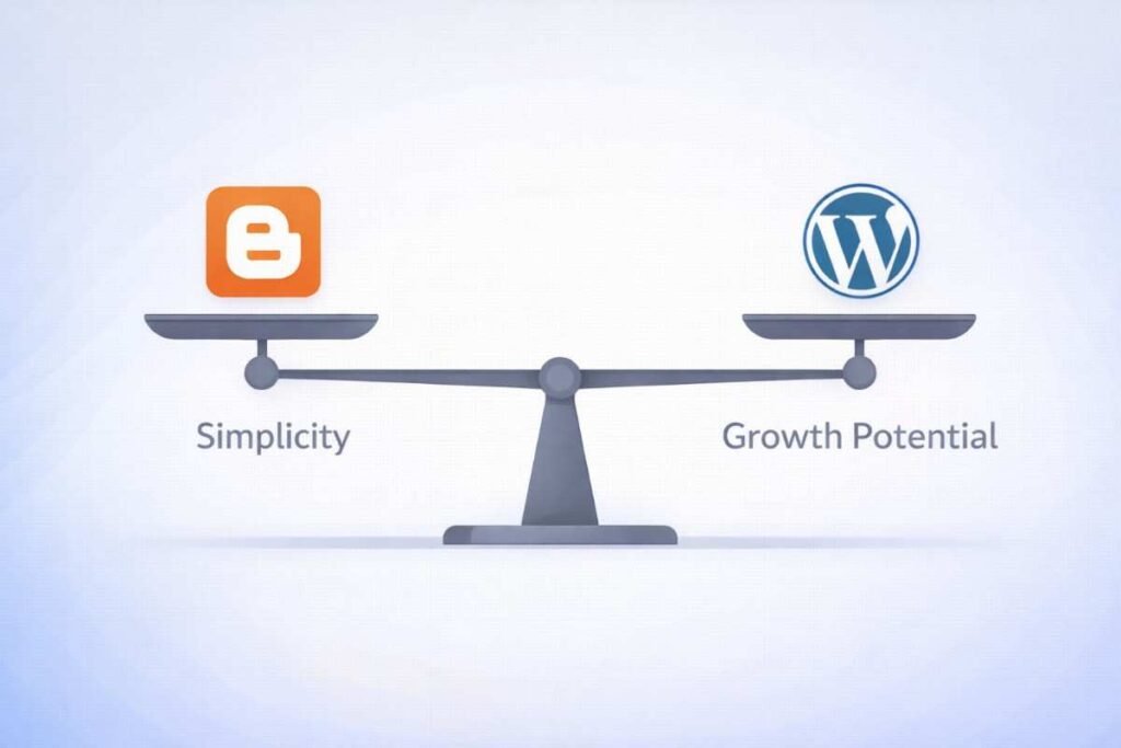 Balanced comparison showing trade-offs between Blogger's simplicity and WordPress's growth potential