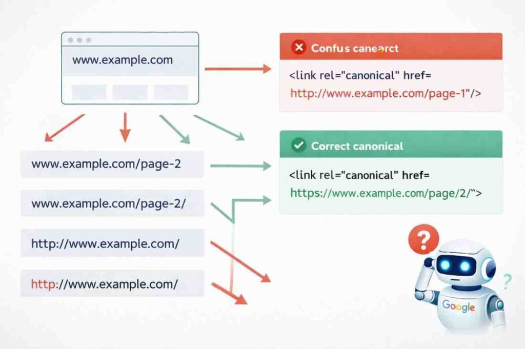 Diagram showing multiple URL versions pointing to wrong canonical tags causing Google indexing confusion