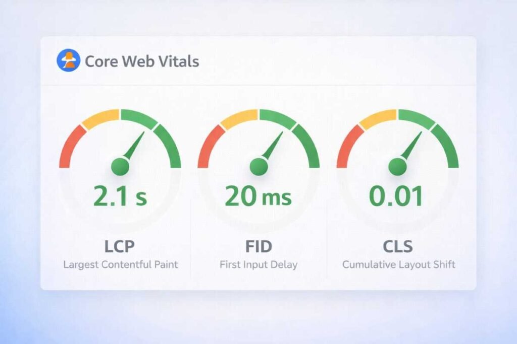 Core Web Vitals metrics dashboard showing LCP, FID, and CLS performance scores