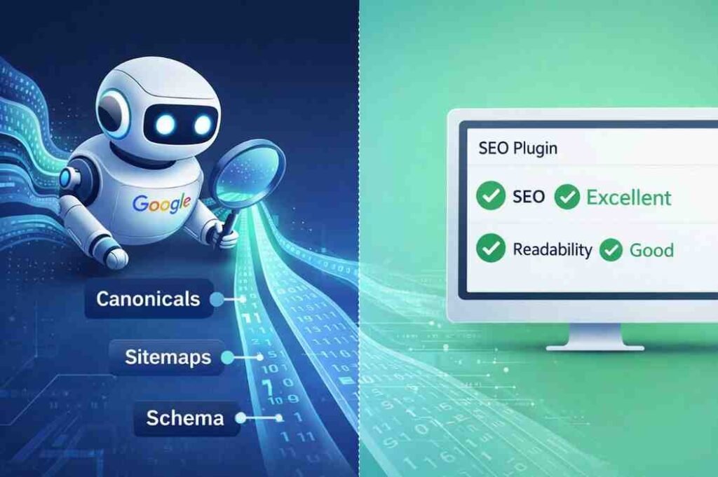 Conceptual illustration showing Google bot analyzing website signals versus SEO plugin scoring system