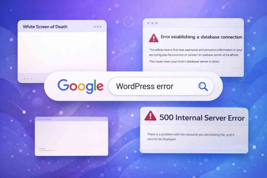 Visualization of Google search for WordPress errors with multiple error message examples