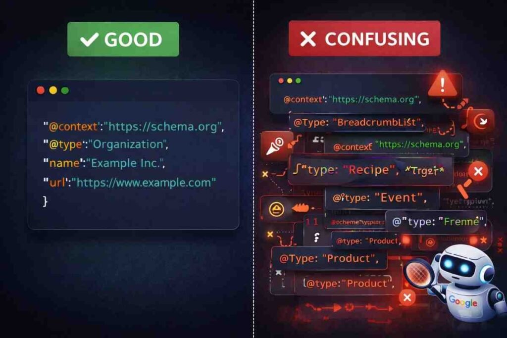 Comparison of simple clear schema markup versus over-engineered conflicting schema implementations