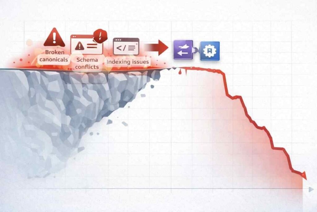 Visualization of website traffic dropping after improper SEO plugin migration with technical issues highlighted