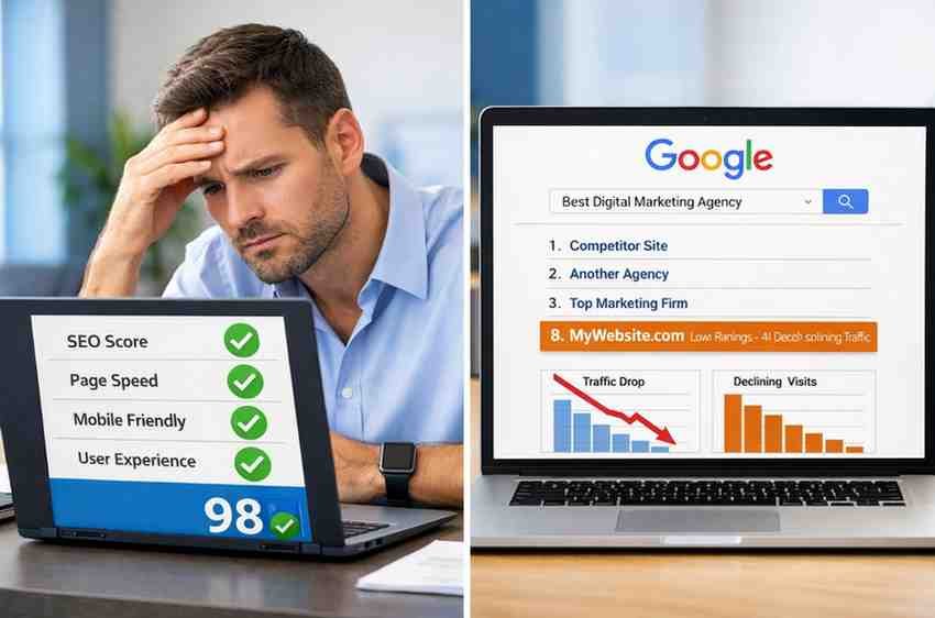 SEO professional frustrated despite perfect seo tool scores while Google rankings remain low