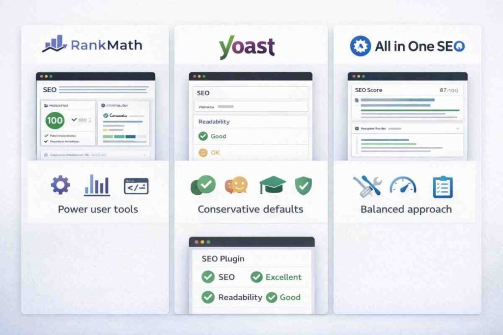 Side-by-side comparison chart of Rank Math, Yoast, and All in One SEO plugin features and approaches