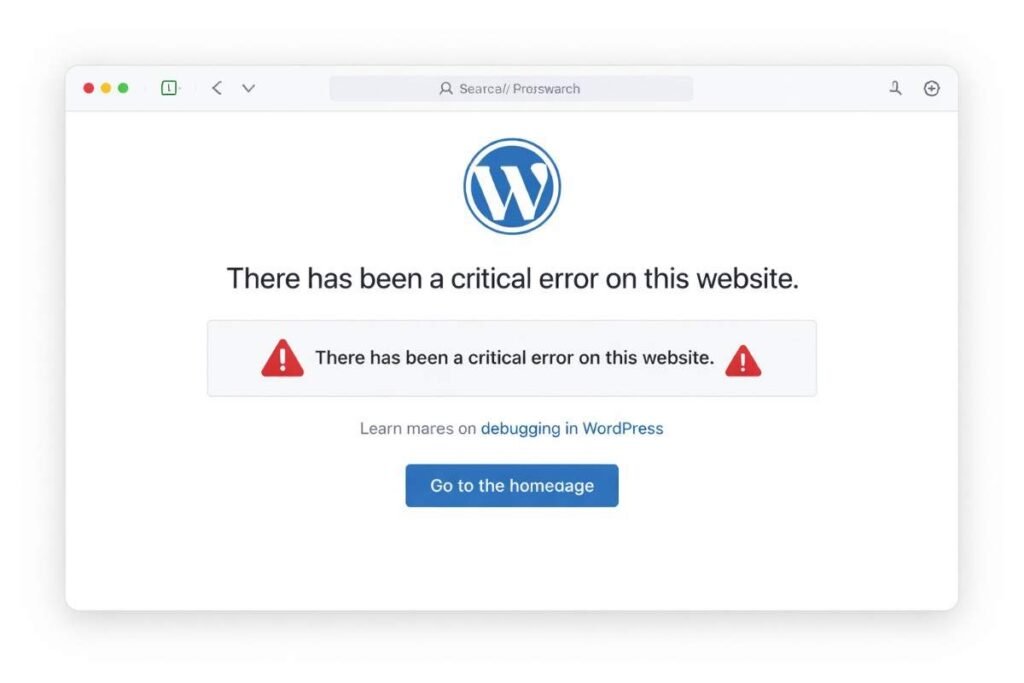 WordPress critical error message displayed on website homepage