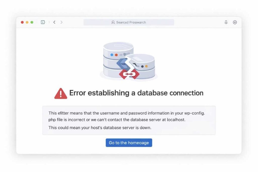 WordPress database connection error message on browser screen