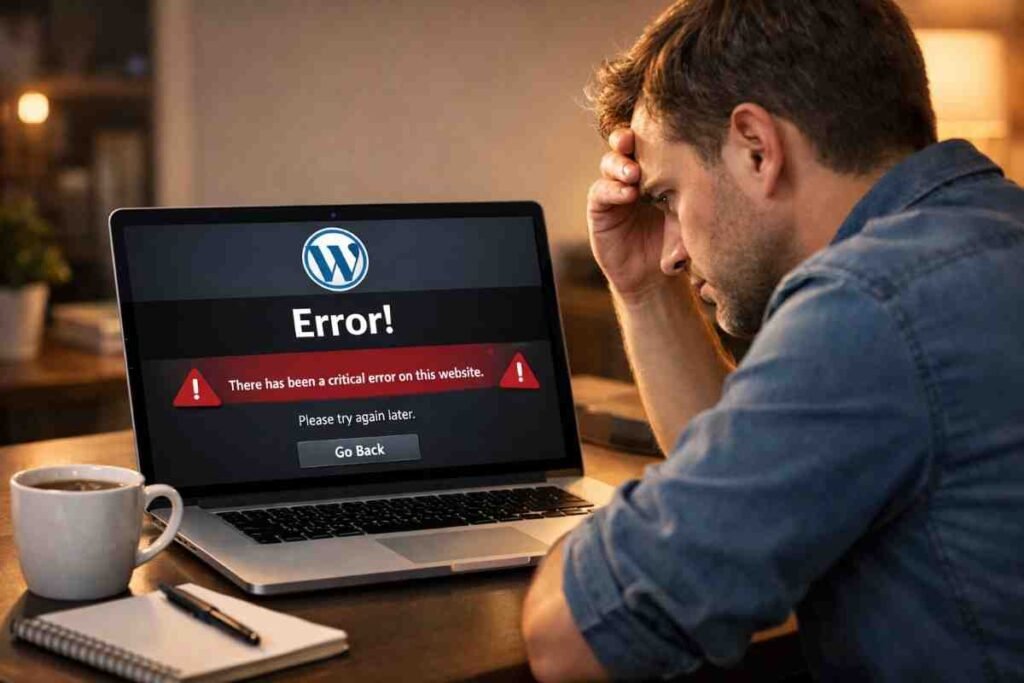 Website owner looking frustrated at WordPress error message on laptop screen