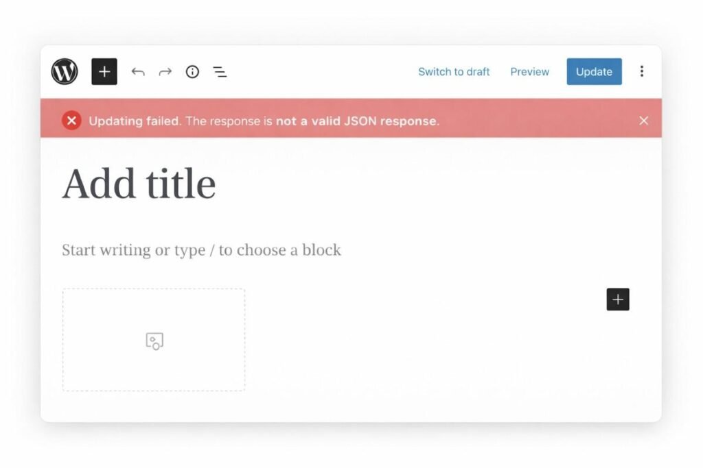 WordPress block editor displaying invalid JSON response error message