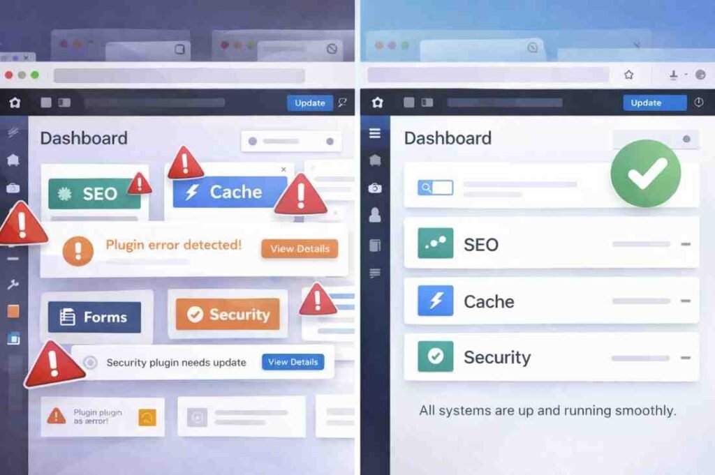 Comparison of cluttered versus minimal WordPress plugin installations for better site stability