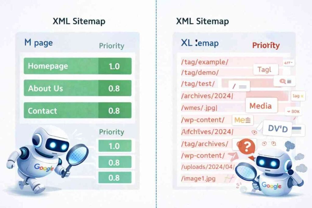 Visual representation of XML sitemap structure showing organized versus cluttered sitemap affecting Google crawl efficiency